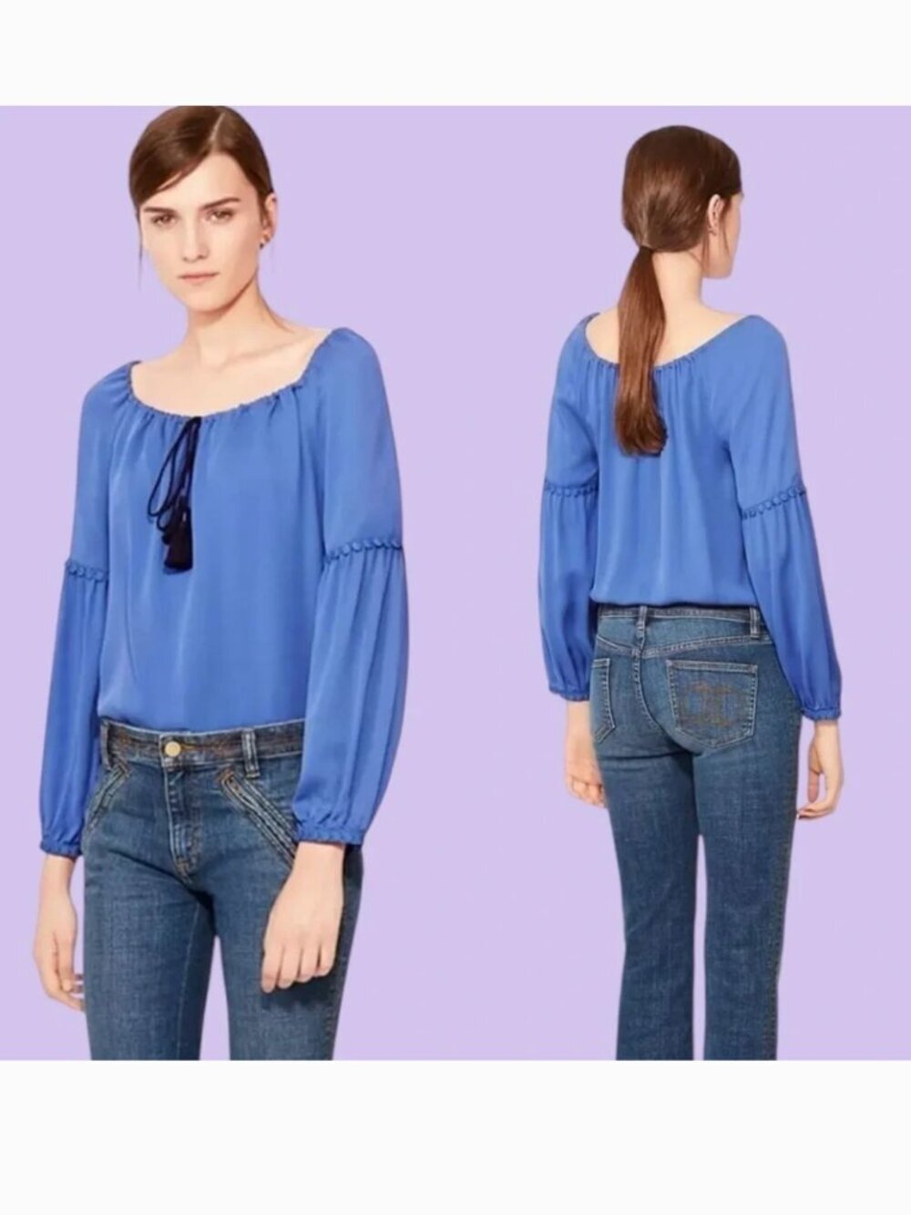 Tory Burch Blue 100% Silk Long Sleeve Fringe Slyvie Blouse Peasant Top Size 14